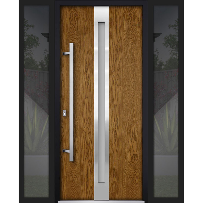 Porte avant en acier pré-suspendue à l'avant / deux en chêne naturel 1744/2 fenêtres extérieures latérales noires / insertions en acier inoxydable simples peintes de style moderne - l 14 + 36 + 14 po x H 80 po - Ouverture à droite