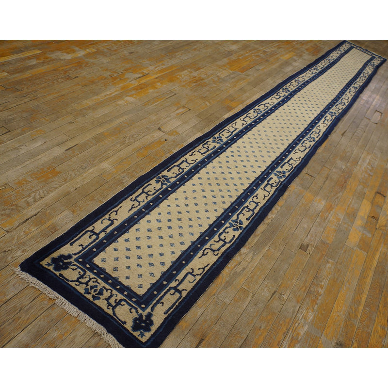 Antique Peking Hallway Runner Wool Blue Navy, Ivory Beige Cream White Rug