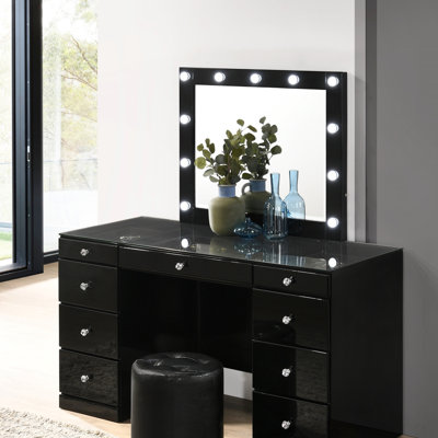 1Pc Glam Makeup Vanity Table Glass Top 9 Drawers Knobs Black Wooden Bedroom Furniture