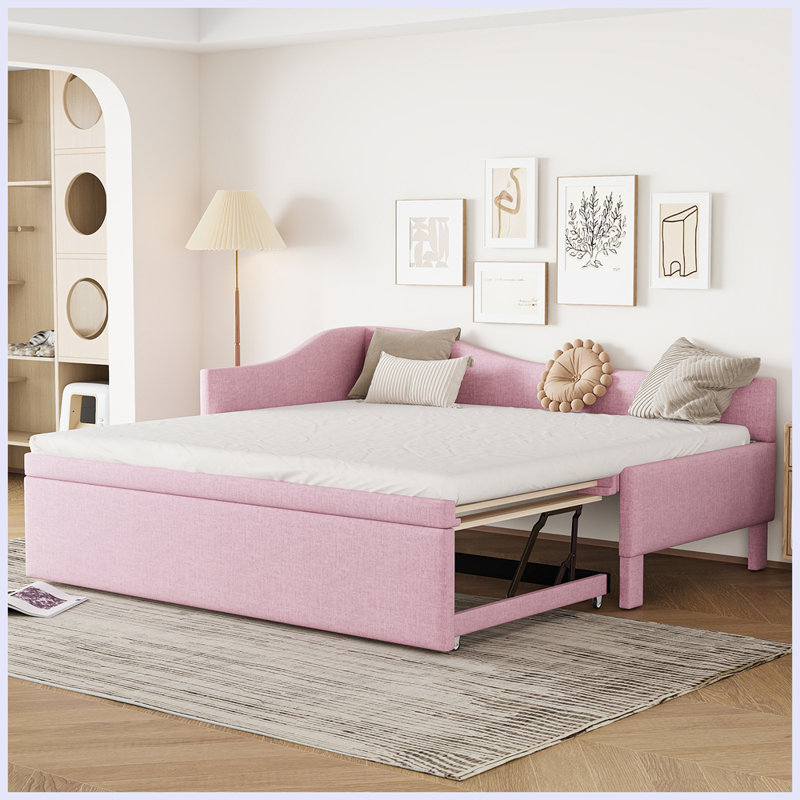 Modern Upholstered L-Shaped Upholstered Daybed with Pop Up Trundle, Pink