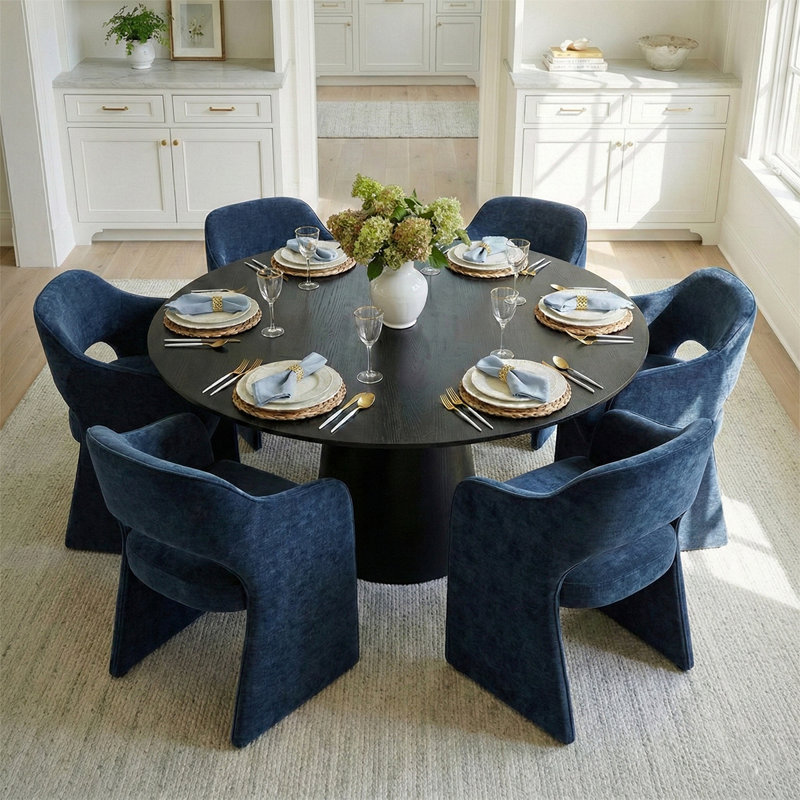 6 - Person Dining Table Sets With Round Table & 6 Upholstered Chenille Chairs, Blue, Black