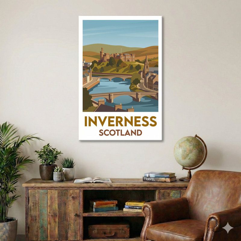Inverness, Scotland - Romantic Highlands Travel Poster With Castle, River Ness And Bridges. Giclee Print On Wrapped Canvas. Wall Art, Home Decor - Cities & Towns, Scotland - Wrapped Canvas Print