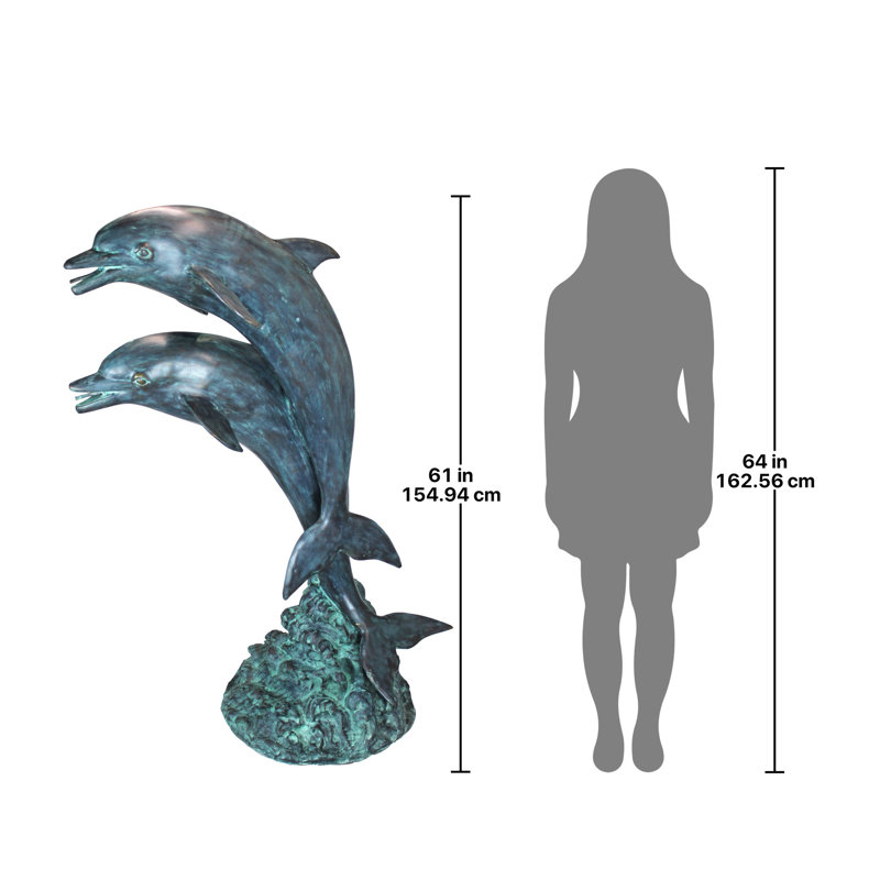 Twin Dolphins Bronze Garden Statue with Emerald Verde Patina