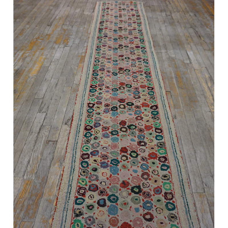 Antique American Penny Folk Art Pattern Very Long Hooked Hallway Runner Rug