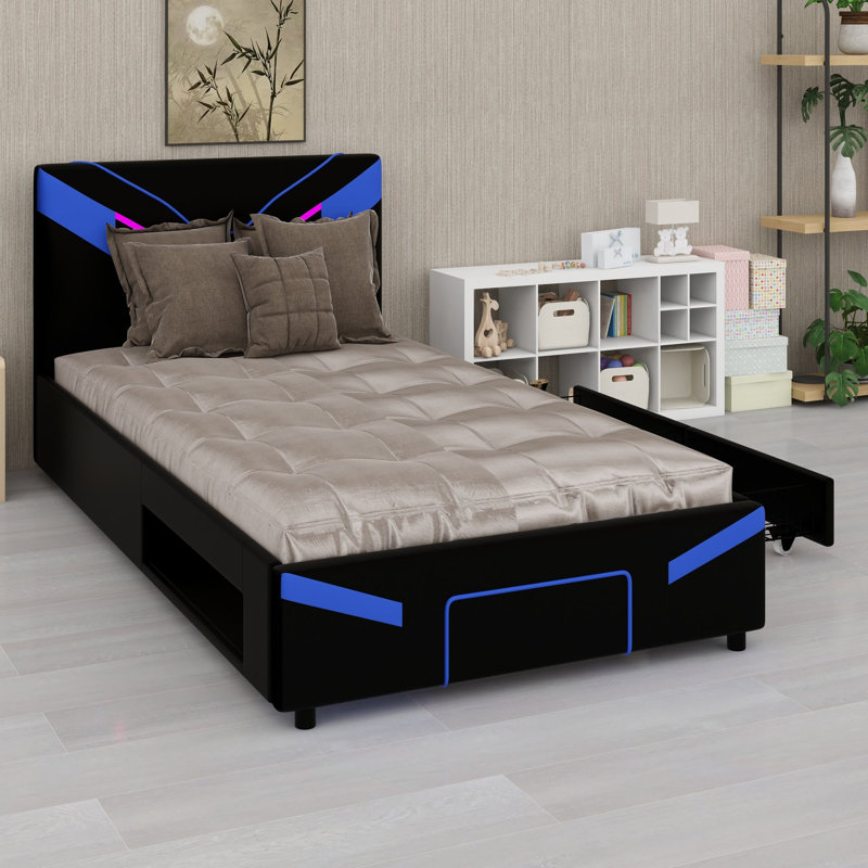 Cadre de lit avec lumières DEL et tiroirs pour les chambres modernes, Bleu