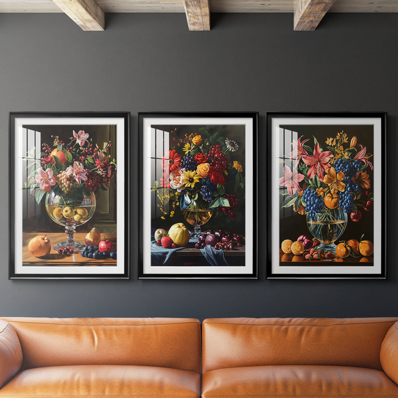 FLORAL Series DCCxxxvii - Impression encadrée sur mesure de qualité supérieure - 3 pièces, H 21 po x l 30 po, Noir