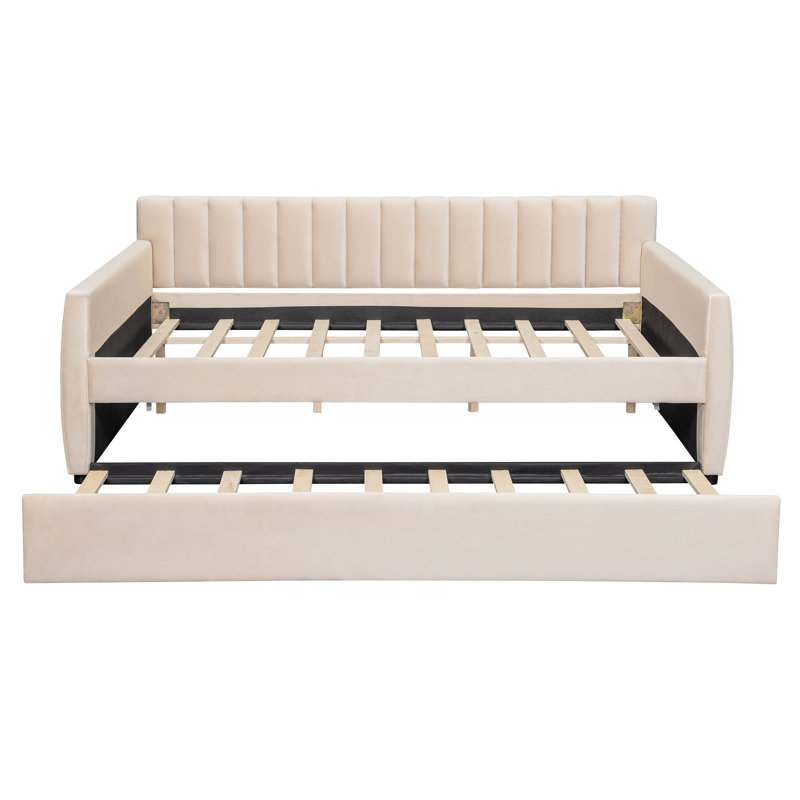 Lit de jour double avec support pour lit gigogne et lattes de bois, beige, style confortable pour un design intérieur confortable et durable
