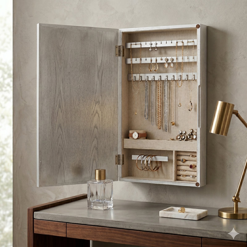 Porte-bijoux mural avec miroir de rangement, Argent