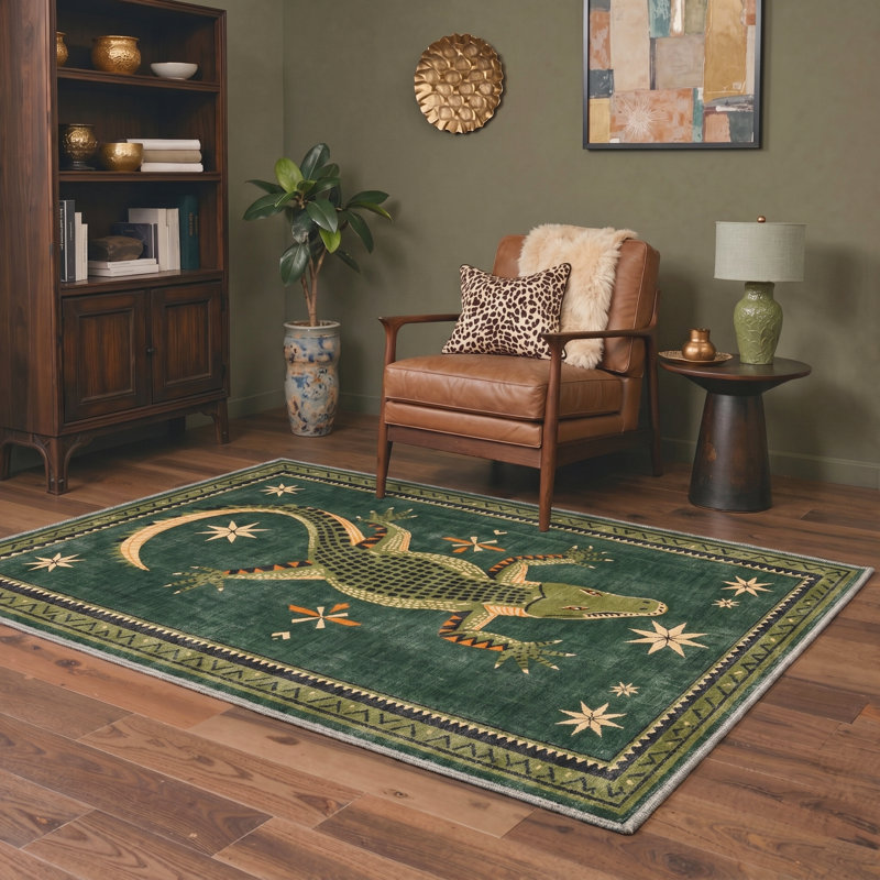 Reptilia Animal Print Machine Washable Green Indoor Area Rug with Non-Slip Backing, Rectangle 6' x 9'