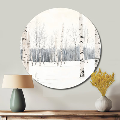 Bouleaux dans la neige - Décoration murale ronde en métal forêt