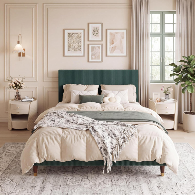 Structure de lit plateforme double, structure de lit double moderne avec tête de lit tapissier et support de lattes en métal robuste, aucun sommier requis, assemblage facile, vert