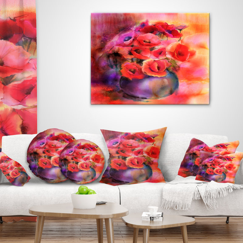 Bouquet de coquelicots mignons dans un vase - coussin à imprimé floral, 16 po x 1 po, Coussin décoratif