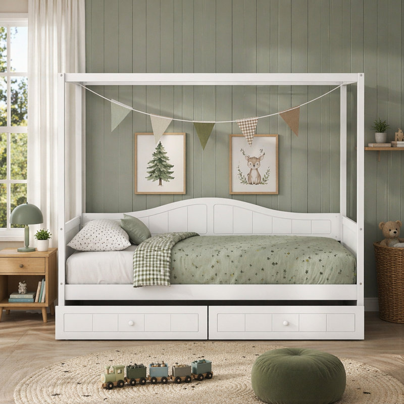 Lit de jour simple à baldaquin en bois avec 2 tiroirs, conception intemporelle et rangement compact pour les chambres modernes