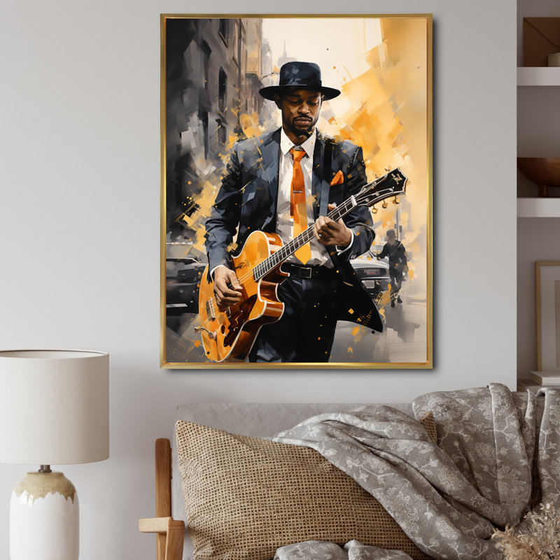 Dunluce jaune, noir, New York, Harlem Jazz I - art sur toile New York, Cadre flottant doré, H 40 po x l 30 po x P 1,5 po