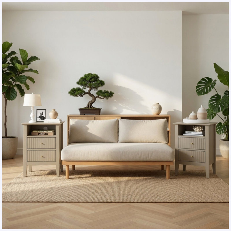 Ensemble de 2 tables de chevet cannelées à 2 tiroirs de 18 po, tables de chevet de chambre à coucher beige moderne, tables de bout avec canapé et rangement