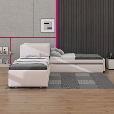L Shaped Upholstered Platform Bed With Trundle And Two Drawers Linked With Built-In Desk, Solid Wood Bed Frame