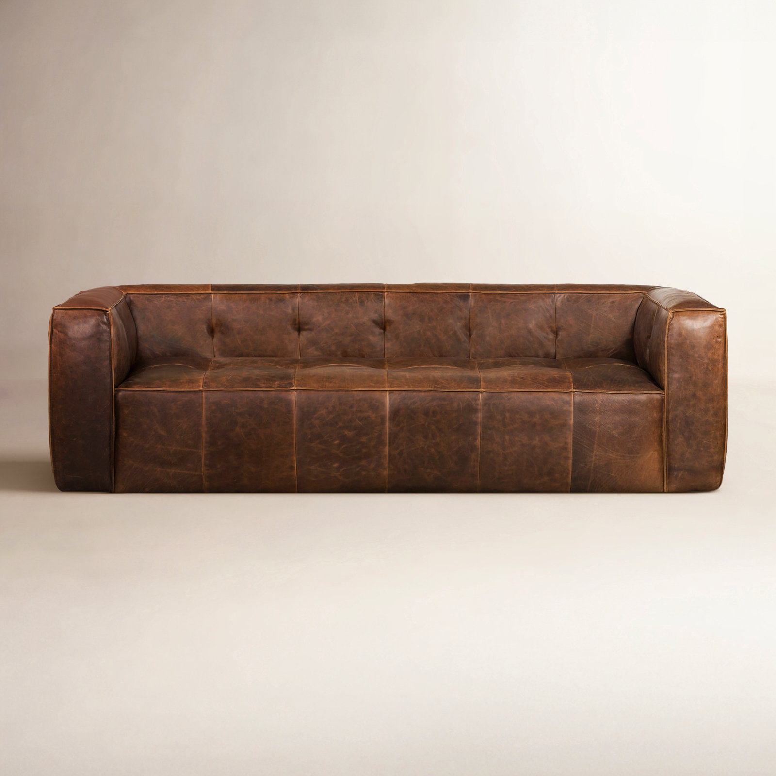  92'' Full-Grain Genuine Italian Leather Square Arm Sofa, Chocolate Brown Genuine Leather
