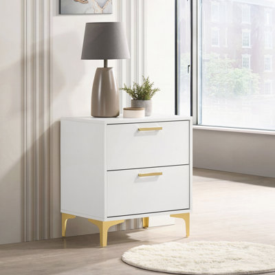 White and Gold 2-Drawer Rectangular Nightstand