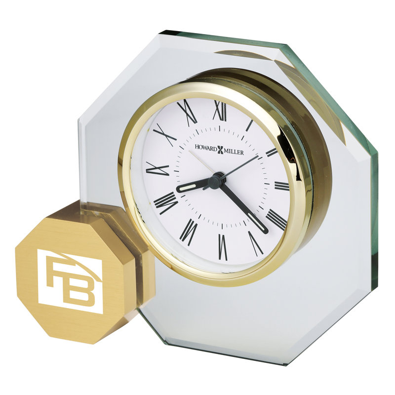 Modern & Contemporary Roman Numeral Crystal Quartz Movement / Crystal Alarm Tabletop Clock, Brushed Brass/Clear