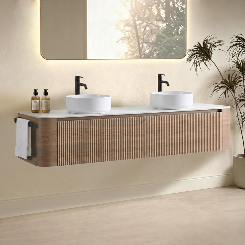 Meuble-lavabo double en céramique, Honey Oak, 71" W