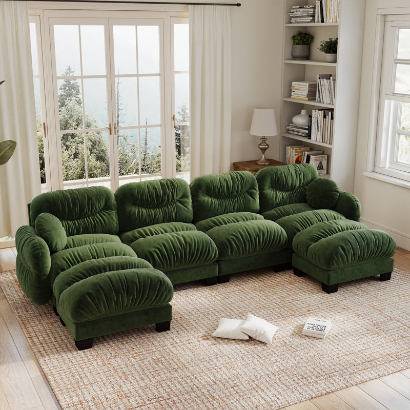 Canapé modulaire en U en chenille 4 places avec deux repose-pieds plissés pour le salon, Vert