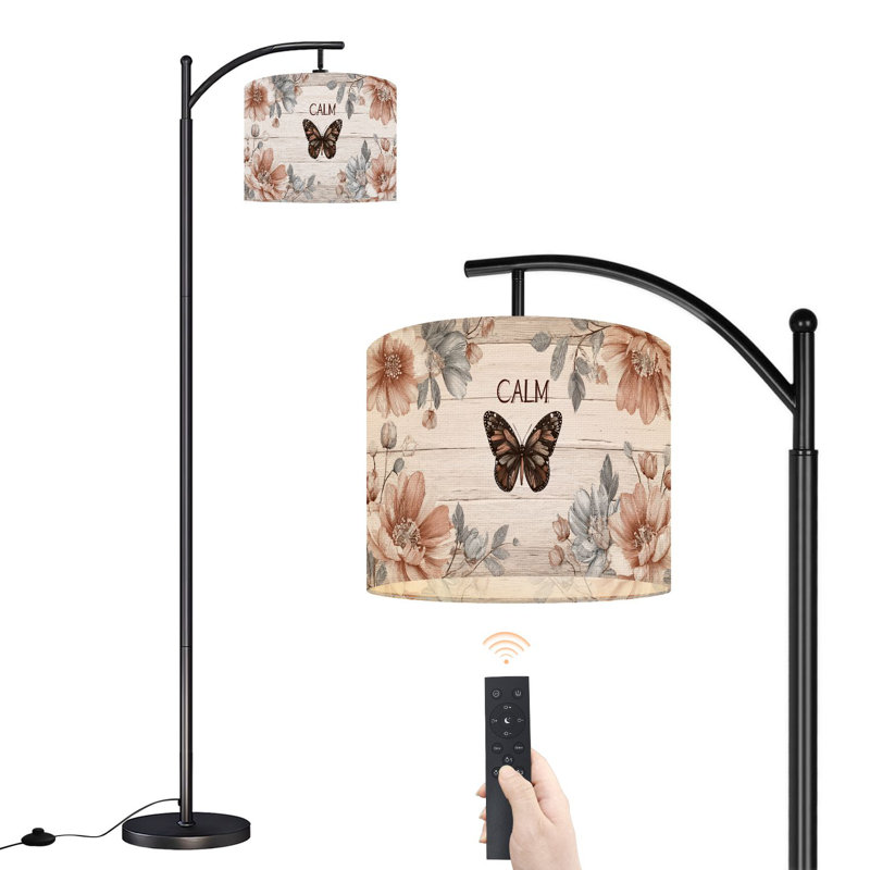 Arc Floor Lamp with Adjustable Lampshade Butterfly Rustic Farmhouse Retro Motivational Flowers Wooden Planks Standing Lamp 3 Color Temperatures Dimmable Tall Pole Lamp with Foot Switch for Bedroom