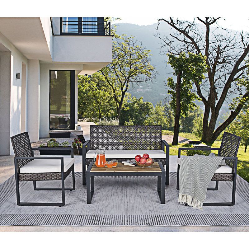 4-Piece Outdoor Patio Furniture Set, Beig Cushion/Brown Frame