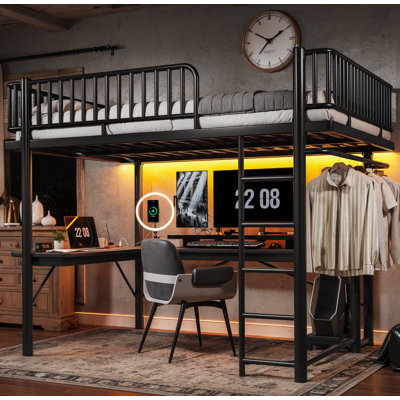 Grand lit mezzanine avec bureau en forme de L, bande lumineuse à DEL et station de charge, lit mezzanine en métal avec plateau d'ordinateur central et zone de suspension, conception de tuyau rond spécial, noir