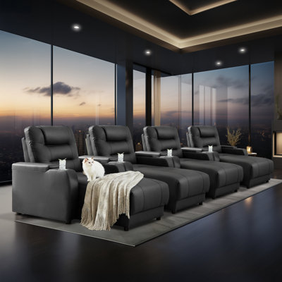 Modern Electric Power Reclining Home Theater Set: Breathable Faux Leather, Adjustable Backrests, Wireless Charging, Cup Holders (Set Of 4) by Latitude Run