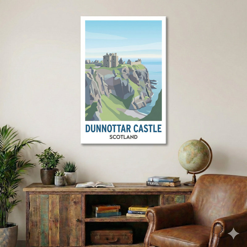 Dunnottar Castle, Scotland - Romantic Cliffside Travel Poster. Giclee Print On Wrapped Canvas. Wall Art, Home Decor - Castles & Palaces, Scotland - Wrapped Canvas Print