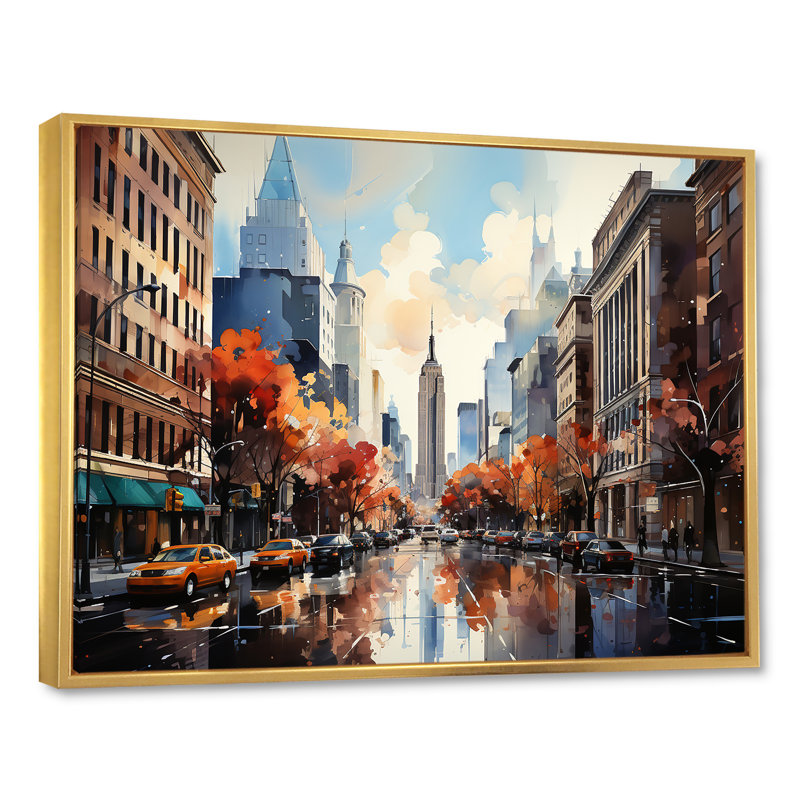 Automne, brise de New York, art sur toile New York, Cadre flottant doré, H 34 po x l 44 po x P 1,5 po