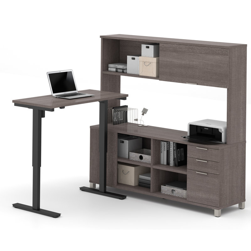 Ensemble de bureau Oriano avec pieds en métal, Écorce gris, 3 pièces (bureau à hauteur ajustable, bahut, bah