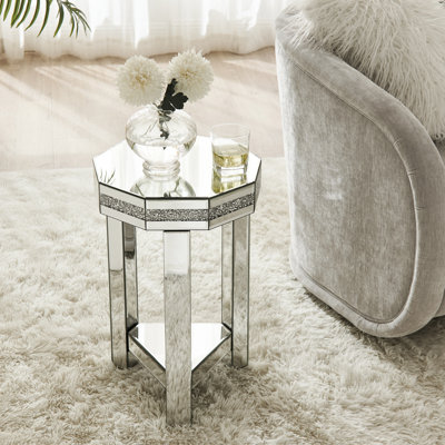 2 tables octogonales en miroir avec cristaux, décor argenté, pour le salon, la chambre à coucher, les petits espaces, l 13,8 po x P 13,8 po x H 21 po, remplisseur en acrylique, incrustation de cristaux de café à structure stable, finition brillante latérale, facile