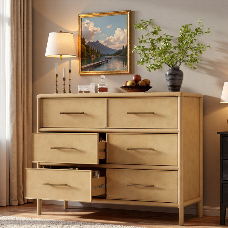 Dresser Cabinet With 6 Drawers And Gold Handles, Natural