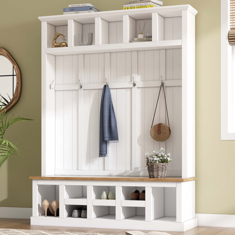 Arbre d'entrée de style campagnard en bois de 78 po de large avec banc de rangement large, armoire à chaussures d'entrée avec 13 compartiments, portemanteau élégant avec 6 crochets pour le vestibule