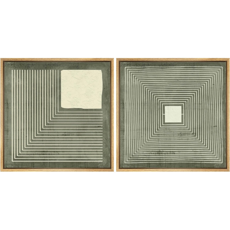 Lignes géométriques et illustrations carrées en vert organique moderne, art minimaliste, détente / calme - ensemble de 2 reproductions sur toile flottante