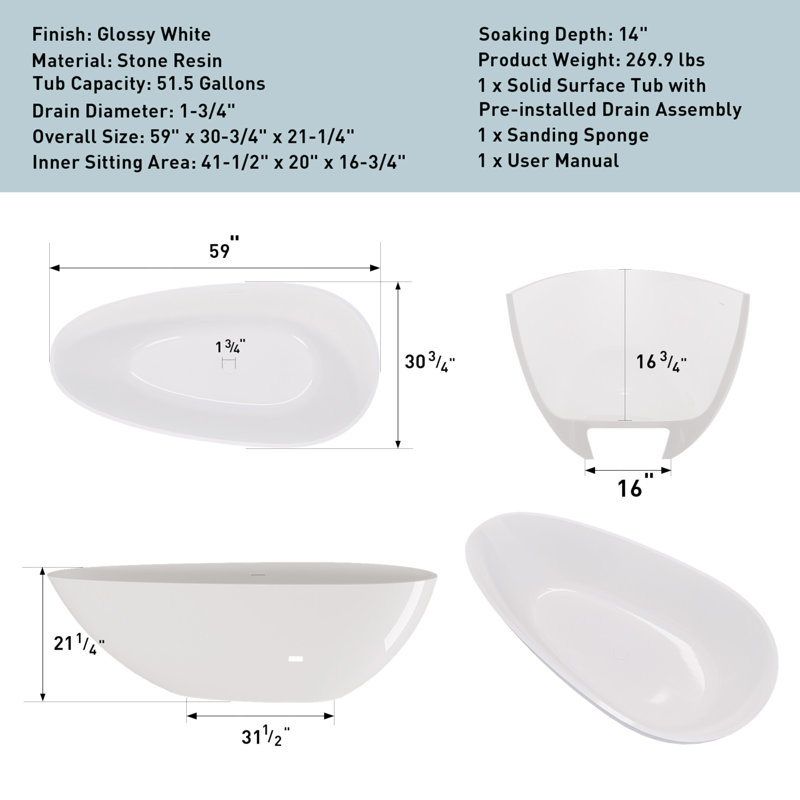 59" Freestanding Solid Surface Bathtub, Luxury Handcrafted Stone Resin Freestanding Soaking Bathtub With Overflow And Pop-Up Drain