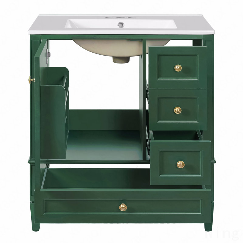 Meuble-lavabo 30 po avec lavabo en céramique, armoire de rangement moderne à cadre en bois massif, 3 tiroirs