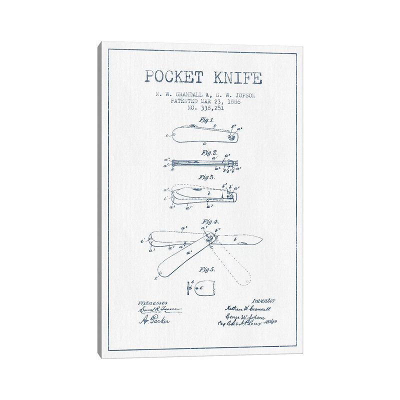 N.W. Grandall And G.W. Jopson Pocket Knife Patent Sketch (Ink) by Aged Pixel - Wrapped Canvas Print