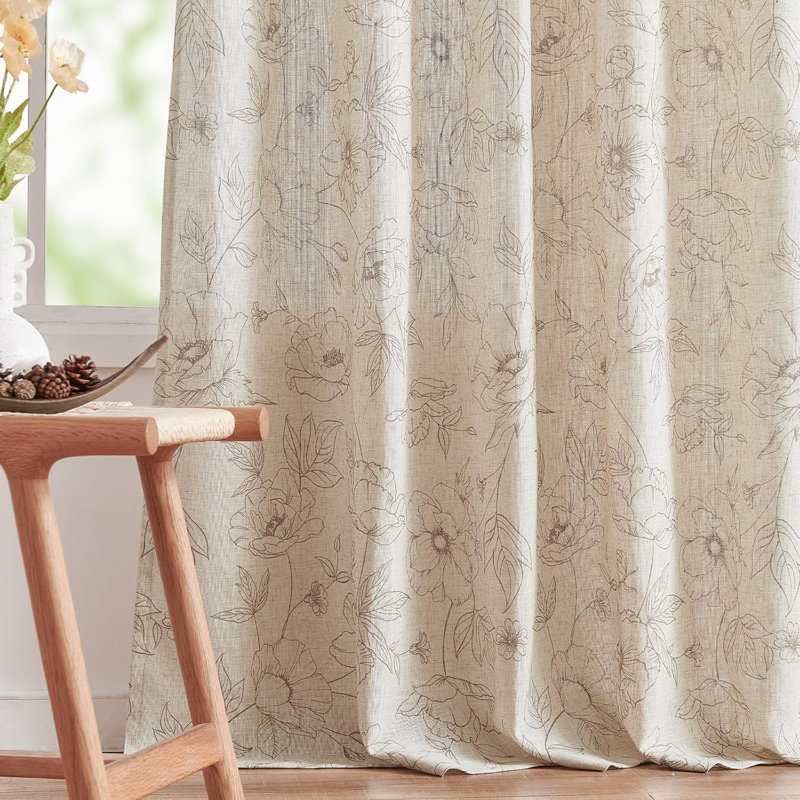 Paire de rideaux en lin mélangés à motif floral avec passe-tringle, Taupe, L 50 po x L 84 po