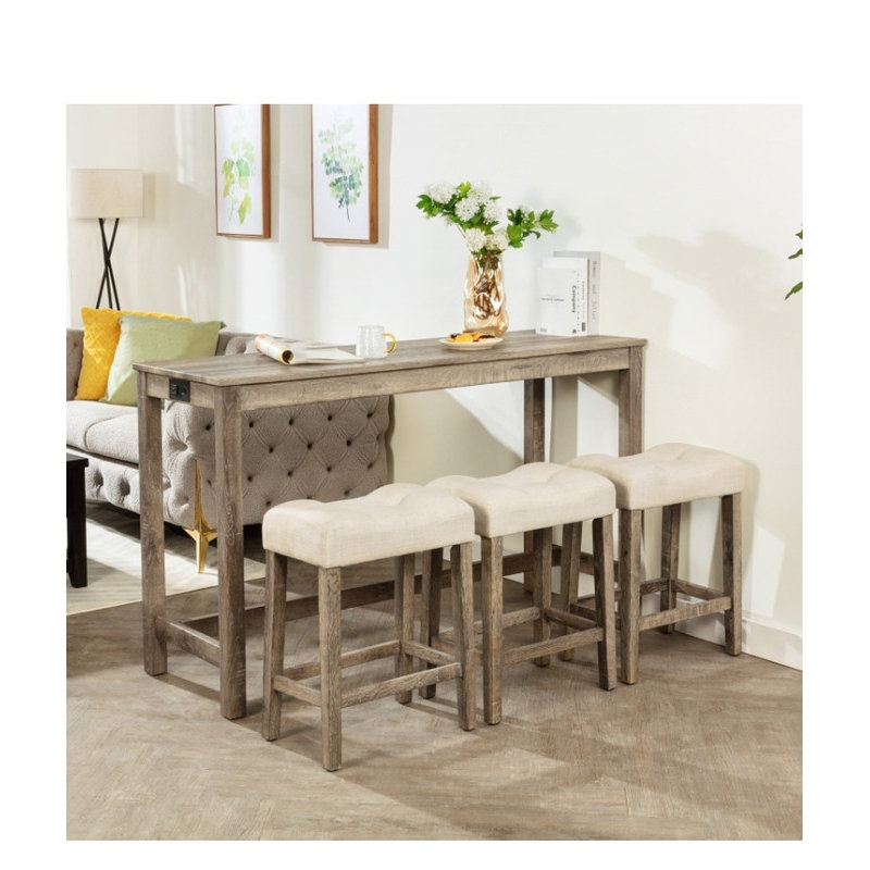 Long Counter Height Dining Bar Table & 3 Stools Set—Built-in Power Strip, Padded Seats, Space-Saving for Kitchen/Living/Game Room