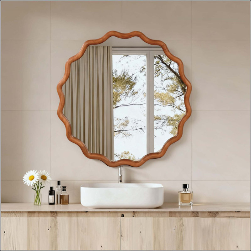 Miroir mural rond ondulé avec cadre en bois massif, miroir décoratif à bords ondulés pour salle de bain, chambre, salon et entrée