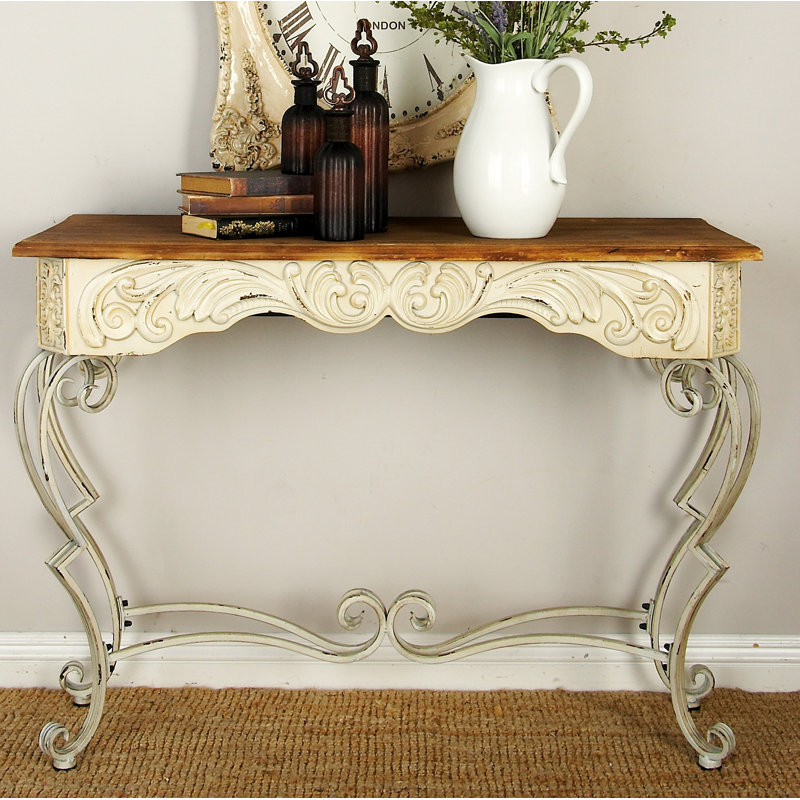 French Provincial White Metal Scroll Console Table with Fir Wood Top