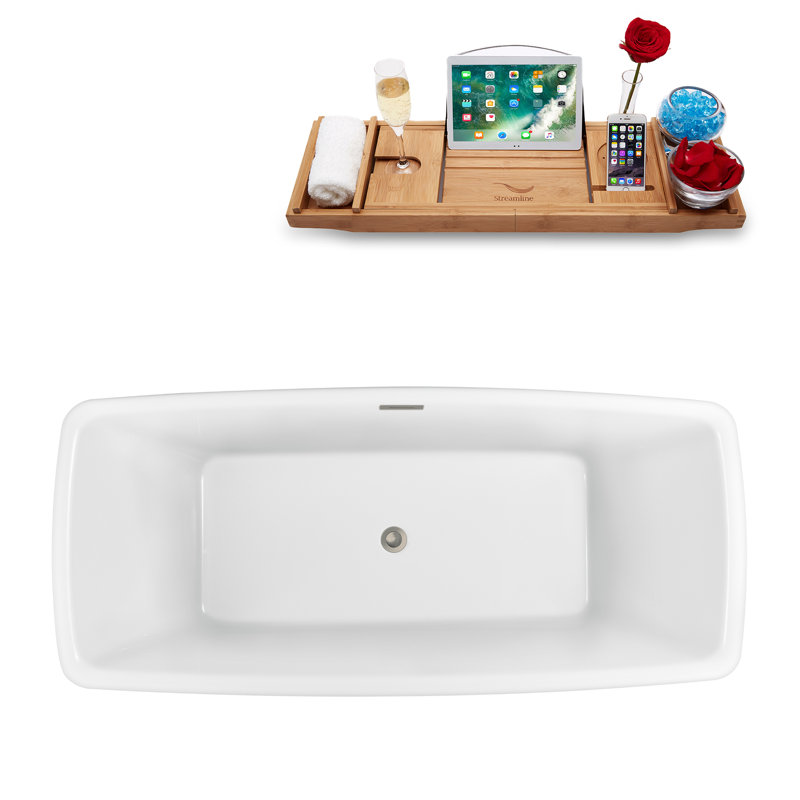 59" x 28" Freestanding Soaking Acrylic Bathtub, Brushed Nickel