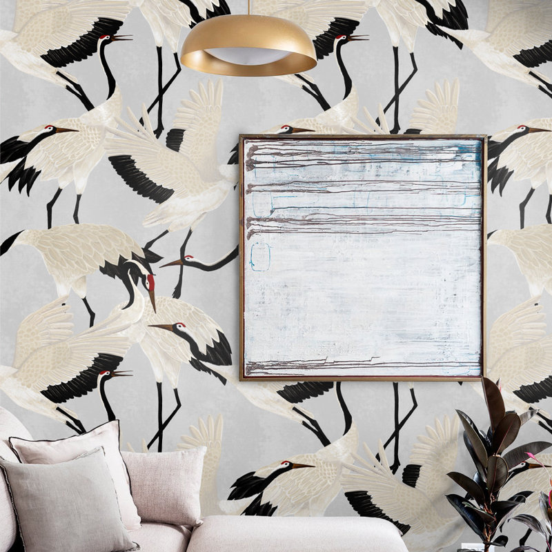 Grey Herons Chinoiserie Wallpaper Black and White