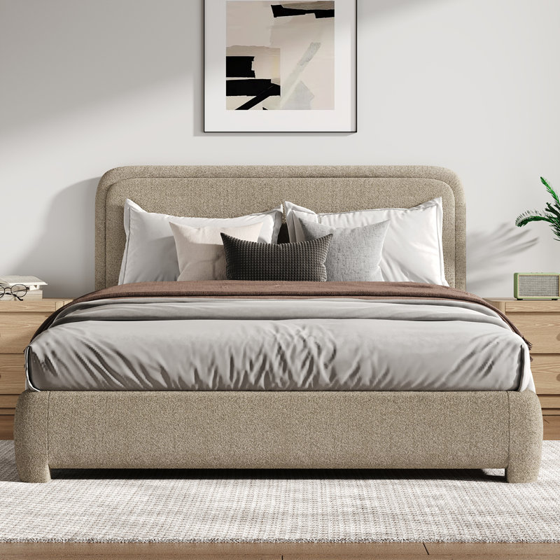 Lit plateforme tapissier Bensu Boucle, Lit double, Taupe