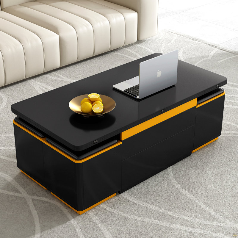 Table basse à plateau relevable avec tabourets de rangement, table centrale avec plateau pliable, table basse réglable multifonctionnelle