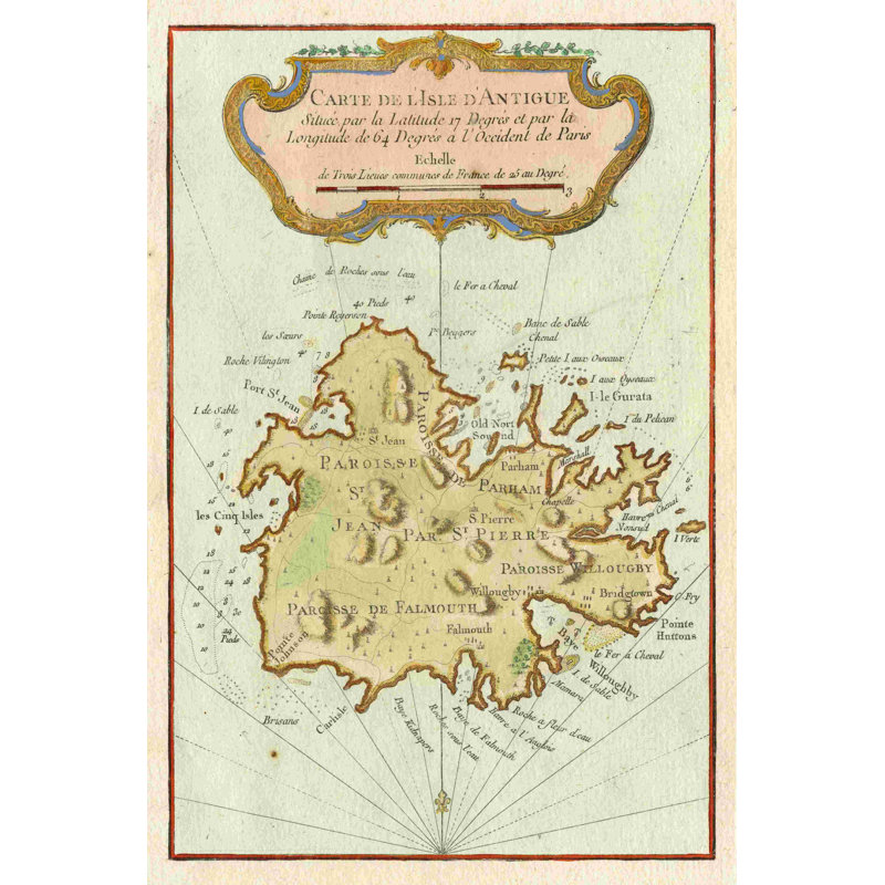 Petite carte de l'île d'Antigua, H 18 po x l 12 po x P 1,25 po