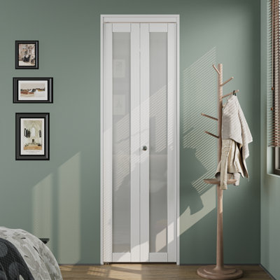 Double Bifold Doors 48"x80" , 1 Lite Tempered Frosted Glass Bi-Fold Closet Doors with Hardware Kit, Pre-Assembled White Folding Interior Doors, Easy Installati