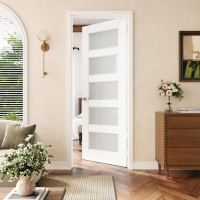 28" x 80" 5-Lite Frosted Glass Interior Prehung Door with Silver Hinges, Privacy Glass Door Slab with Frame, Interior Door as Pantry Door, Bedroom Door, Laundry Door, Closet Doors, Room Doors, Right Hand